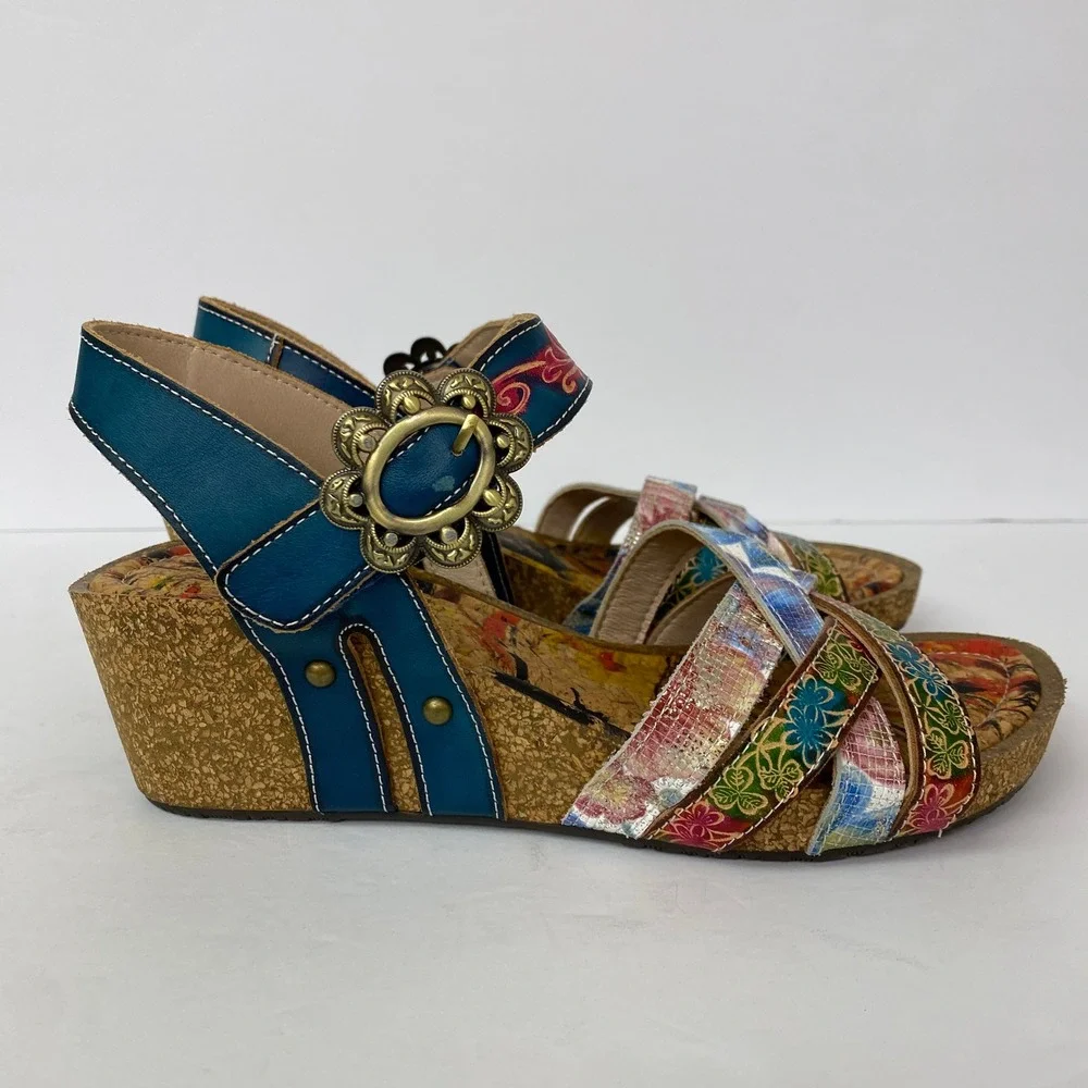NEW, L'Artiste Spring Step, Audrie Blum Floral Leather Cork Wedge Sandal Size 39